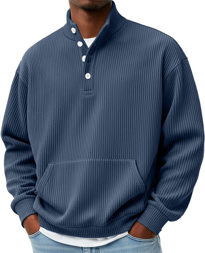 Mens Solid-Color Turtleneck Casual Long-Sleeve Polo Sweatshirt With Pockets For Men Spring Autumn Clothing Loose Button Polo Collar Tees Tops Man Outwear
