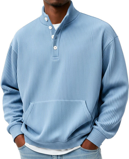 Mens Solid-Color Turtleneck Casual Long-Sleeve Polo Sweatshirt With Pockets For Men Spring Autumn Clothing Loose Button Polo Collar Tees Tops Man Outwear