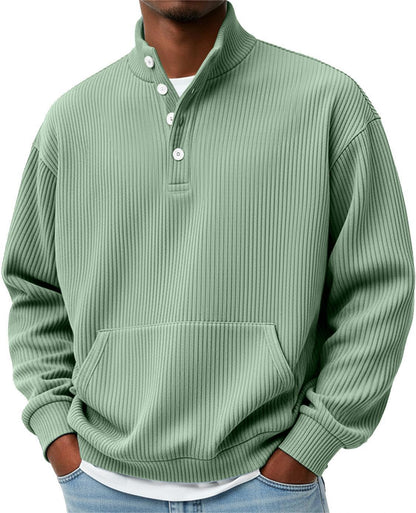 Mens Solid-Color Turtleneck Casual Long-Sleeve Polo Sweatshirt With Pockets For Men Spring Autumn Clothing Loose Button Polo Collar Tees Tops Man Outwear