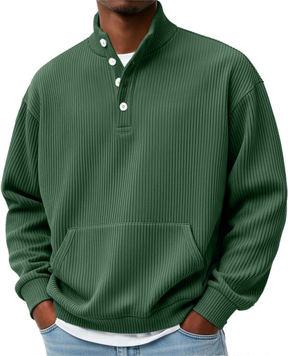 Mens Solid-Color Turtleneck Casual Long-Sleeve Polo Sweatshirt With Pockets For Men Spring Autumn Clothing Loose Button Polo Collar Tees Tops Man Outwear