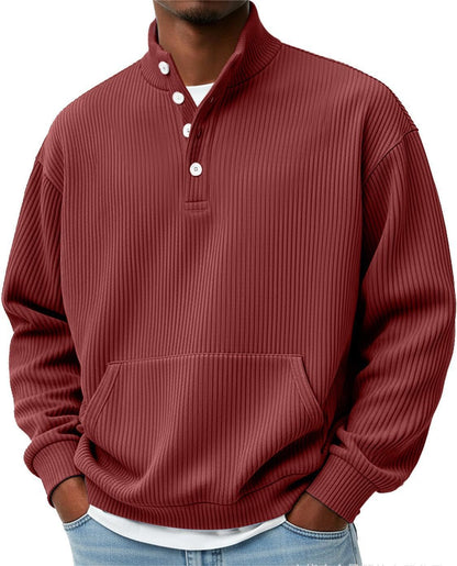 Mens Solid-Color Turtleneck Casual Long-Sleeve Polo Sweatshirt With Pockets For Men Spring Autumn Clothing Loose Button Polo Collar Tees Tops Man Outwear