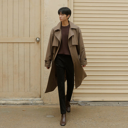 Double Breasted Trench Coat Men Mid Length Loose