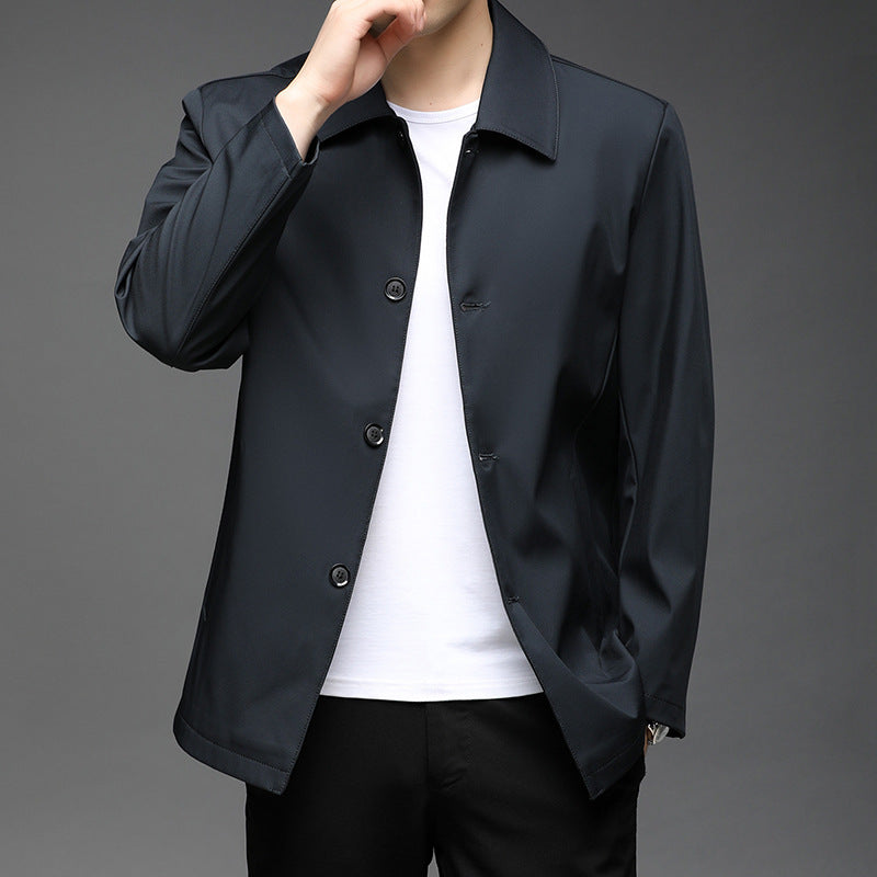Fall Winter Men Polo Collar Solid Color Business Jacket Short Button Lightweight Coat