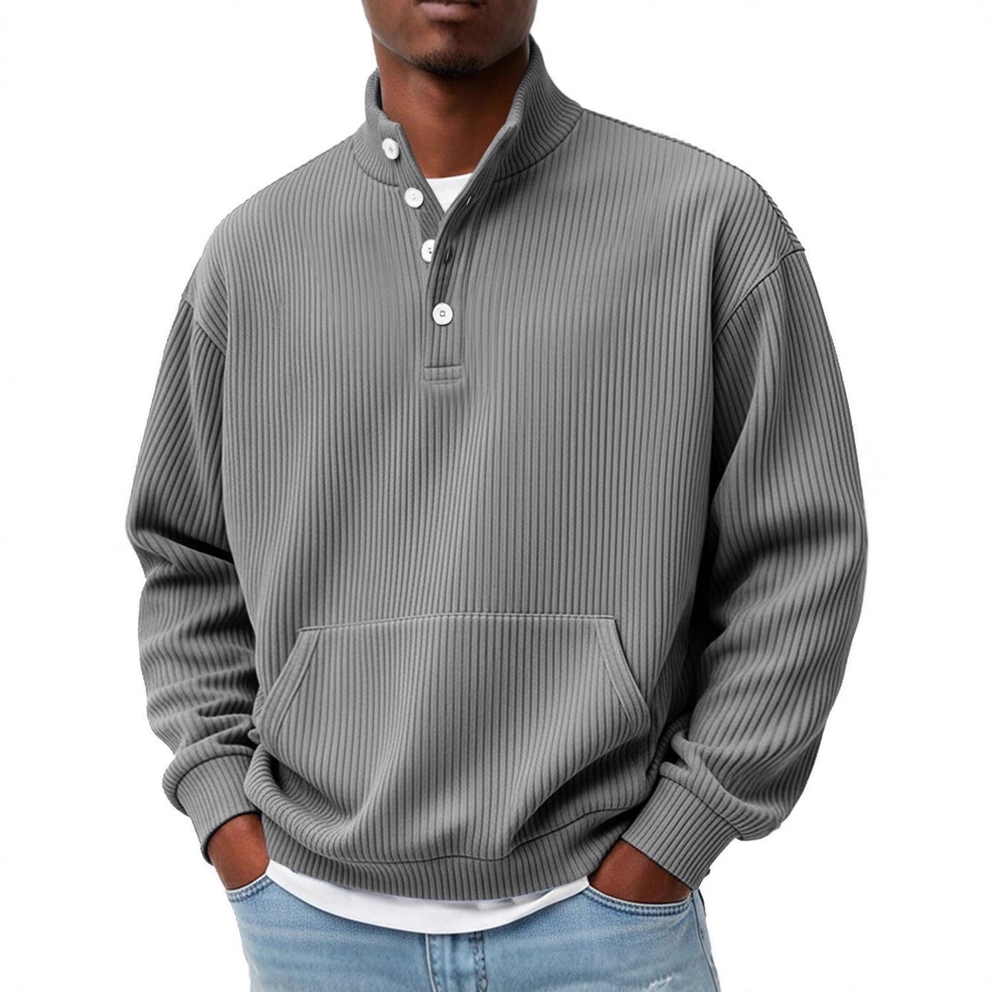 Mens Solid-Color Turtleneck Casual Long-Sleeve Polo Sweatshirt With Pockets For Men Spring Autumn Clothing Loose Button Polo Collar Tees Tops Man Outwear